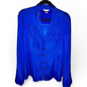 Cache Royal Blue Silk Button Down Blouse Stretch Silk Shirt Size M